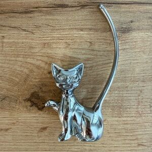 VTG Silver Modernist Crystal Eye Cat Ring Holder Paperweight Chrome Kitten MCM